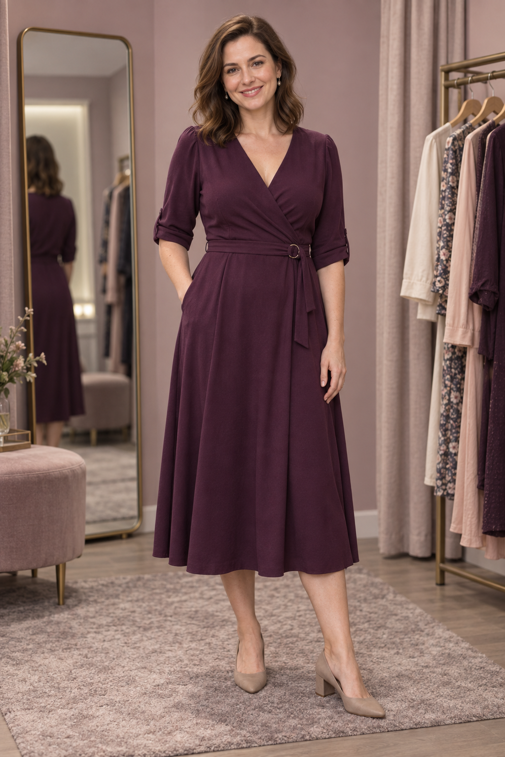 Paula Ann’s fitting companion in a plum wrap dress